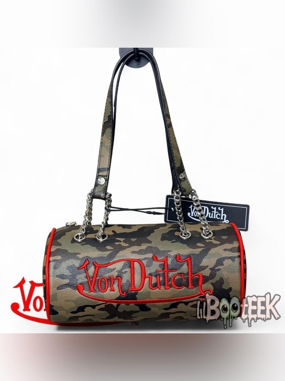 Von Dutch Camo Barrel Shoulder Bag w Red Trim & Embroidered Logo NEW VIRAL Y2K